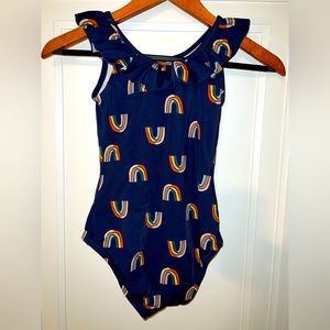 Hanna Andersson Ruffle Sunblock One Piece Swimsuit Navy Rainbow Size 10 (140) 🌈